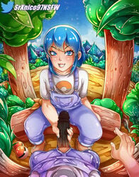 assertive assertive_female better_version_at_source big_penis blue_eyes blue_hair clothed creatures_(company) dawn_(pokemon) eye_contact female forest handjob happy huge_cock large_penis looking_at_viewer male mountain nail_polish nintendo outdoors outside overalls penis pokeball pokemon pokemon_bdsp pov pov_eye_contact reverse_grip_handjob shoes smile srxnico97 uncensored_version_at_source unzipped veiny_penis