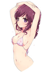 armpits arms_up bikini breasts collarbone covered_erect_nipples female highres long_hair looking_at_viewer machikado_mazoku melty_pot navel purple_eyes purple_hair simple_background small_breasts solo swimsuit wet white_background yoshida_ryouko