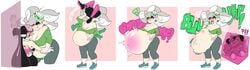 2girls big_belly big_breasts burp burping callie_(splatoon) clothing digestion dwps female_pred female_prey inkling internal larger_female licking_lips marie_(splatoon) mole mole_under_eye multiple_girls navel pinned smaller_female splatoon stomach stomach_noises swallowing vore weight_gain