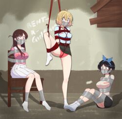 3girls arms_behind_back black_hair blonde_hair blue_eyes bondage brown_eyes brown_hair chair_bondage english_text female female_only fully_clothed gag kanojo_okarishimasu large_breasts mizuhara_chizuru multiple_girls multiple_subs nanami_mami panties price rope rope_bondage rope_harness sarashina_ruka scared socks suspension tape_bondage tape_gag taped_mouth thighs unequal_treatment upskirt yellow_eyes