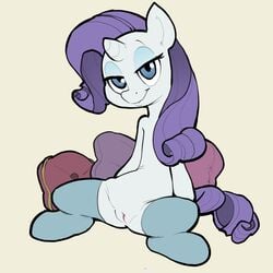 2019 bedroom_eyes clothing equid equine female feral friendship_is_magic full-length_portrait genitals hair hi_res horn itsunknownanon legwear legwear_only mammal my_little_pony narrowed_eyes portrait purple_hair purple_tail pussy rarity_(mlp) seductive semi-anthro solo spread_legs spreading stockings thigh_highs unicorn white_body