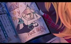 arms_tied blonde_hair blue_eyes bodysuit bondage canonical_scene drupeneassot edit gwen_art_check gwen_stacy gwen_stacy_(spider-verse) hands_tied latex marvel marvel_comics meme spider-gwen spider-man:_across_the_spider-verse spider-man_(series) superheroine suspension