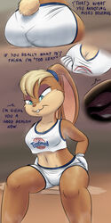 1:2 2021 absurd_res anthro ass bodily_fluids breast_vore breasts butt_smother clothed clothing dialogue digital_media_(artwork) english facesitting female gloves hair handwear hires inside_clothing izzyrain lagomorph leporid lola_bunny long_ears looney_tunes macro mammal micro milk_ducts musk navel rabbit sitting smothering sweat text vore warner_brothers