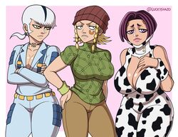 3girls big_breasts black_eyes blonde_hair boobs breasts cleavage clothing cow_costume cow_girl cow_print donatello_versace female female_only genderswap green_shirt hat hips huge_breasts human jojo's_bizarre_adventure large_breasts light-skinned_female light_skin luckyshazo multiple_girls ponytail pose posing purple_eyes purple_hair rikiel rule_63 shounen_jump simple_background small_breasts stone_ocean tattoo thick_thighs thighs touching_breast ungalo white_hair wide_hips yellow_eyes