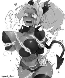 belt big_breasts black_horns black_tail blush bondage breasts chained chains dark_skin demon_girl demon_horns demon_tail female greyscale heart heart-shaped_pupils helltaker horns huge_breasts judgement_(helltaker) looking_at_viewer monochrome navel noaharbre open_mouth solo tail teeth thighhighs white_eyes