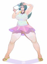 big_breasts blue_eyes blue_hair breasts crystalcheese feet gigantic_breasts holding_object holding_panties lana's_mother_(pokemon) milf mob_face pokemon pokemon_sm solo solo_female toes white_background