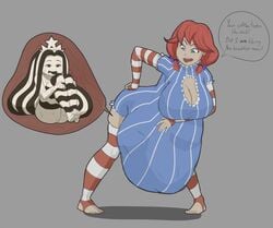 2girls artist_request big_belly cleavage_cutout clothing fat female_pred female_prey huge_breasts multiple_girls oral_vore pyxxyl red_hair starbucks starbucks_siren starbucks_siren_(gashi-gashi_redesign) stockings vore wendy's wendy_thomas