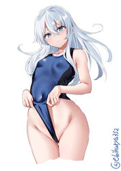 alternate_costume black_swimsuit blue_eyes blush breasts collarbone competition_swimsuit covered_navel cowboy_shot ebifurya eyebrows_visible_through_hair female from_below hair_between_eyes hibiki_(kantai_collection) highres kantai_collection long_hair looking_at_viewer looking_down one-hour_drawing_challenge one-piece_swimsuit parted_lips silver_hair simple_background small_breasts solo swimsuit twitter_username two-tone_swimsuit wedgie white_background white_hair