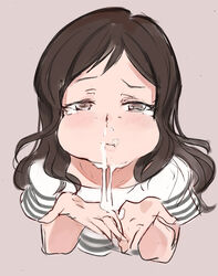 1girls after_oral blush brown_hair cheek_bulge code-aa cum cum_in_mouth cum_out_nose idolmaster idolmaster_million_live! idolmaster_million_live!_theater_days kitazawa_shiho leaking_cum long_hair tears