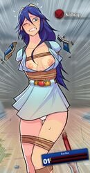 1girls alternate_costume arms_behind_back bare_legs blue_eyes blue_hair bondage breasts breasts_out captured clenched_teeth dress english_text exposed_breasts falchion_(fire_emblem) falsealias female_only femsub fire_emblem fire_emblem_awakening gameplay_mechanics long_hair lucina_(fire_emblem) nintendo nipples one_eye_closed panties pantyshot pantyshot_(standing) rope small_breasts solo stats sweat sword text tiara underwear upskirt white_panties