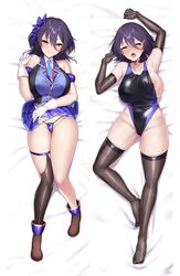 arm_up armpits asaba_ibuki bangs bare_shoulders black_gloves black_hair black_legwear black_swimsuit blue_dress blue_eyes blue_swimsuit blush breasts collarbone covered_navel dakimakura_(medium) dress elbow_gloves female gloves hair_between_eyes hair_ornament highleg highleg_swimsuit large_breasts looking_at_viewer multiple_views nipple_slip nipples one-piece_swimsuit open_mouth original satou_kuuki short_dress short_hair swimsuit thighhighs two-tone_swimsuit white_gloves