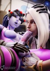 3d 3d_(artwork) anal_fingering ashe_(overwatch) cum cum_in_mouth cum_inside double_penetration eyewear_on_head fellatio fingering full-package_futanari futanari justfuta medium_breasts moaninh overwatch pleasure_face pussy tagme widowmaker