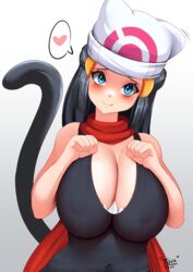 1girls 2021 alternate_breast_size blue_eyes blue_hair blush breasts cat_ears catgirl cleavage clothed clothed_female cute_fang dawn_(pokemon) female female_only hat huge_breasts long_hair looking_at_viewer nintendo pokemon pokemon_dppt scarf simple_background smile tail tiger1001 white_background white_hat