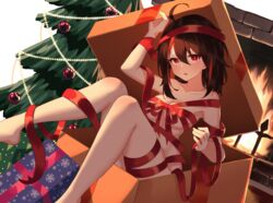 ahoge arm_up bangs blush box breasts brown_hair christmas_tree commentary commission english_commentary feet_out_of_frame female female fire fireplace gift gift_box hair_between_eyes highres holding holding_ribbon in_box in_container jl_tan looking_at_viewer medium_breasts medium_hair naked_ribbon open_mouth original red_eyes red_ribbon ribbon solo