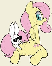 2019 ambiguous_gender angel_(mlp) ass butt_grab cutie_mark duo equid equine eyewear feathered_wings feathers female female/ambiguous feral fluttershy_(mlp) friendship_is_magic genitals hair hand_on_butt hi_res itsunknownanon kneeling lagomorph leporid looking_at_viewer looking_back looking_back_at_viewer mammal my_little_pony nude pegasus pink_hair pink_tail presenting_partner pussy rabbit rear_view semi-anthro spread_butt spreading sunglasses wariza wings yellow_body