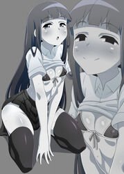 1girls blush breasts erect_nipples_under_clothes eyebrows_visible_through_hair kani_club kanicra kneeling legwear long_hair monochrome monoe open_mouth shirt_lift skirt small_breasts smile solo thighhighs yume_nikki