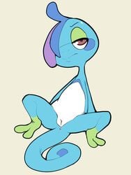 2019 annoyed anthro anus blue_body drizzile female flat_chested front_view frown full-length_portrait genitals half-closed_eyes hi_res itsunknownanon looking_at_viewer narrowed_eyes nintendo nude one_eye_obstructed pokémon_(species) pokemon portrait pussy scalie solo spread_legs spreading video_games