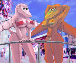 2girls aeromorph anthro anthrofied big_breasts bikini female female_only green_eyes ishani_(planes) living_machine pink_skin planes_(disney) rochelle_(planes) weso wings