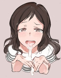 1girls after_oral blush brown_hair code-aa cum cum_drip cum_in_mouth idolmaster idolmaster_million_live! idolmaster_million_live!_theater_days kitazawa_shiho long_hair tears vomiting_cum