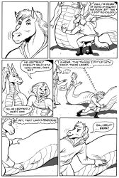 2022 annoyed anthro apode black_and_white clothed clothing comic dialogue digital_media_(artwork) draconcopode dragon ear_piercing english_text equid equine female flat_chested fondling genitals group gustav_(here_there_be_dragons) here_there_be_dragons horn horse jewelry karno legless long_tail male male/female mammal monochrome naga nude partially_clothed piercing pussy reptile scalie serpentine simple_background snake speech_bubble text zashy