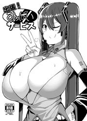 alternate_breast_size big_breasts black_and_white deep_cleavage earpiece facominn hair_ornament hand_on_hip hatsune_miku huff huge_breasts large_breasts long_hair microphone monochrome peace_sign smile smiling smiling_at_viewer sweat sweaty sweaty_breasts twintails vocaloid wink winking