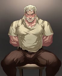 1boy angry balls bara beard bound_wrists bulge bulge_through_clothing clothing dilf facial_hair fully_clothed gay hands_behind_back jojo's_bizarre_adventure joseph_joestar male male_only muscles muscular muscular_male old_joseph older_male penis rybiok sitting solo solo_focus solo_male spread_legs stardust_crusaders