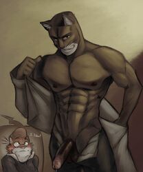 2021 abs absurd_res anthro balls big_muscles big_penis blacksad blush bodily_fluids bottomwear clothed clothing cutaway dialogue domestic_cat duo english_text erection felid feline felis flustered fur genital_fluids genitals grey_background hat headgear headwear hi_res humanoid_genitalia humanoid_penis hyponova jacket john_blacksad least_weasel looking_at_viewer male male_only mammal muscular muscular_anthro muscular_male mustela mustelid musteline navel nipples obliques open_clothing open_shirt open_topwear pants pecs penis shirt simple_background smile standing sweat sweatdrop text topwear true_musteline tuft undressing unzipped weekly whiskers wide_eyed