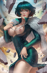 breasts breasts_out dress female fubuki_(one-punch_man) green_eyes green_hair looking_at_viewer nipples nopeys one-punch_man rubble solo solo_female standing