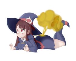 1girls akko_kagari ass_in_dress big_ass big_butt blush boots brown_hair butt_in_dress embarrassed fart fart_cloud fart_fetish farting laying_down little_witch_academia looking_up open_mouth pooting protorepulsive red_eyes repulsiveproto solo_female witch witch_hat yellow_gas yoshizilla