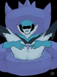 1girls anus ass deltarune female female_only gloves legs_up lipstick pm_draws presenting presenting_pussy pussy queen_(deltarune) raised_leg sitting solo_female spreading throne visor white_skin