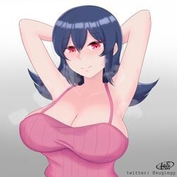 armpits big_breasts blue_hair breasts crop_top female female_focus female_only gym_leader light-skinned_female looking_at_viewer pink_crop_top pokemon pokemon_hgss pokemon_rgby sabrina_(pokemon) sabrina_(pokemon_hgss) solo solo_female sugiegg sweat sweat_stain sweaty_armpits sweaty_body sweaty_breasts