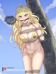 angry ball_gag big_breasts bikini bikini_bottom bikini_top blush bondage breasts callujy eyebrows_visible_through_hair gag gagged gagged_speech long_hair nipples_visible_through_clothing restrained rope rope_bondage rwby tagme trembling violet_eyes yang_xiao_long