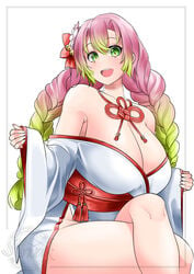 alternate_costume bangs bare_shoulders big_breasts braided_hair cleavage crossed_legs demon_slayer female female_only flower_in_hair green_eyes hair_ornament huge_breasts japanese_clothes kanroji_mitsuri kimetsu_no_yaiba kimono legs_crossed long_hair long_sleeves looking_at_viewer mole_under_eye no_bra obi off_shoulder open_mouth pink_hair saltnvalk side_slit smile solo two_tone_hair wide_sleeves