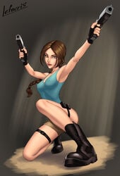 1girls boots braid brown_eyes brown_hair fair_skin female female_only firearm footwear guns handgun handwear human lara_croft lara_croft_(classic) lefocris light_skin looking_at_viewer nipples nipples_visible_through_clothing ponytail shorts solo tank_top tanktop tomb_raider weapon