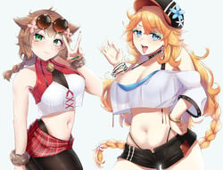 2021 2girls absurd_res armpits bare_legs bare_shoulders blue_eyes blue_flower bracelet braid breasts brown_hair cap cleavage clothing collar crop_top earrings enryuu_(rmxs3488) eyebrows_visible_through_hair eyeshadow fangs fellatio_gesture female female_only flower fur_trim glasses green_eyes green_eyeshadow green_nails grey_background gyaru hair_between_eyes hair_flower hair_ornament hand_on_hip hat hat_flower highres jewelry large_breasts long_hair looking_at_viewer makeup midriff minishorts miniskirt multiple_girls nail_polish navel nijisanji orange_hair otogibara_era pantyhose purple_eyeshadow round_glasses scrunchie see-through see-through_clothing shirt short_shorts short_twintails shorts simple_background single_braid skirt sleeveless sleeveless_shirt smile studded_collar sunglasses teeth thick_thighs thighs thong tied_hair tongue tongue_out twin_braids twintails v very_long_hair virtual_youtuber warabeda_meiji warabeda_meijii white_flower