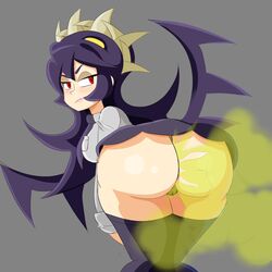 1girls big_ass big_butt black_hair black_thighhighs blush brap fart fart_cloud fart_fetish farting filia_(skullgirls) futakuchi-onna looking_back panties protorepulsive red_eyes repulsiveproto samson_(skullgirls) skirt skullgirls solo_female thick_thighs thighhighs