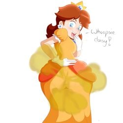 1girls ass_in_dress big_ass big_butt blue_eyes blush brown_hair enjoying_farts fart fart_cloud fart_fetish farting farting_at_viewer looking_back looking_down mario_(series) nintendo open_mouth playful princess_daisy protorepulsive repulsiveproto smelly smile solo_female stinky text yellow_dress yoshizilla