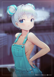 1girls aduo arms_behind_back bare_arms bare_shoulders blue_eyes blue_hair blurry_background breasts closed_mouth collarbone female looking_at_viewer no_bra no_underwear open_eyes overall_shorts shorts