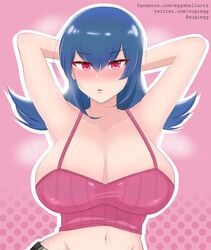 armpits background big_breasts blue_hair blush breasts crop_top female female_focus female_only gym_leader light-skinned_female looking_at_viewer pink_crop_top pokemon pokemon_hgss pokemon_rgby sabrina_(pokemon) sabrina_(pokemon_hgss) solo solo_female sugiegg sweat sweaty_body sweaty_breasts voluptuous