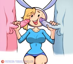 2boys adventure_time balls belly_button big_breasts blonde_hair blush breasts cartoon_network clothed clothed_female clothed_female_nude_male double_handjob embarrassed female fionna_the_human_girl grey_skin handjob large_breasts marshall_lee nude nude_male penis_on_cheek penis_poking_cheek pink_skin prince_gumball shirt shorts shy sitting surrounded_by_penises sweat threesome tobias_wheller