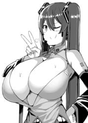 alternate_breast_size big_breasts black_and_white deep_cleavage earpiece facominn hair_ornament hand_on_hip hatsune_miku huff huge_breasts impossible_opening large_breasts long_hair microphone monochrome peace_sign smile smiling smiling_at_viewer sweat sweaty sweaty_breasts twintails vocaloid wink winking