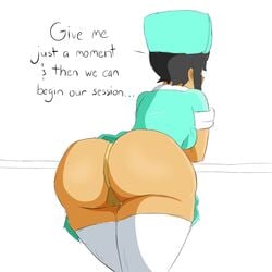 1girls bent_over big_ass big_butt black_hair cameltoe nikki_(protorepulsive) nurse nurse_cap nurse_uniform panties protorepulsive repulsiveproto short_hair solo_female text thick_thighs thighhighs white_legwear white_thighhighs yellow_panties