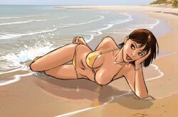 au_(artist) beach bikini breasts brown_hair lying_on_side nipple nipples one_breast_out sea summer sun