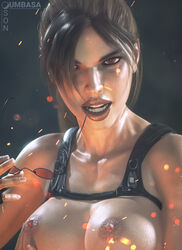 3d adjusting_eyewear adjusting_glasses adjusting_sunglasses bag breasts brown_eyes casual eyewear female holding_breast human lara_croft lara_croft_(classic) lara_croft_(l.a.u.) open_mouth red-tinted_eyewear solo son_umbasa tagme tomb_raider