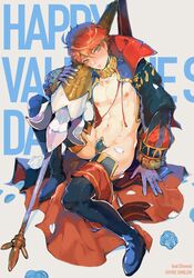 1boy armor blue_eyes boots byebyefrog character_name cloak copyright_name crotch_plate eliwood_(fire_emblem) fire_emblem fire_emblem:_the_blazing_blade happy_valentine highres lance looking_at_viewer male_focus navel nintendo nipples polearm red_hair revealing_clothes solo solo_male thigh_boots thighhighs weapon