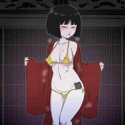 bikini black_hair condom female female_only kaxiota kemono looking_at_viewer medium_breasts nipple_bulge oc original_character petite short_hair sweat sweatdrop tagme underwear undressing