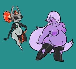 1futa 1girls amethyst_(steven_universe) anthro balls bedroom_eyes black_and_white_body blush breasts cartoon_network chubby_female clothing duo eyebrows fat female flaccid foreskin futanari gem_(species) genitals gynomorph hair hornedgiant humanoid imp intersex intersex/female legwear long_hair magic midna narrowed_eyes nintendo nipples nude overweight overweight_female partially_retracted_foreskin penis penis_growth purple_body purple_skin pussy raised_eyebrows seductive shortstack size_difference sizing_up slightly_chubby smile staring_at_penis steven_universe stockings the_legend_of_zelda thigh_highs twilight_princess uncut video_games