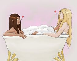 alucard_(castlevania) ankle_grab back_muscles bathing bathing_together bathtub blonde_hair bubble_bath castlevania castlevania_(netflix) creative_censorship cute dark-skinned_female dhampir eye_contact foot_on_chest full_color greta_of_danesti hearts human implied_nudity interracial interspecies knee_up leg_up long_hair_female long_hair_male love love_hearts mixed_bathing mortalastrum muscular_male naked neck nude_female nude_male nudity pale-skinned_male self_censor shoulder_blades sideboob smile staring_at_another straight vampire water wholesome