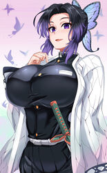 1girls alternate_breast_size big_breasts black_hair butterfly_hair_ornament demon_slayer female female_only fully_clothed gradient_hair haori huge_breasts jet_puri katana kimetsu_no_yaiba kochou_shinobu looking_at_viewer nipple_bulge purple_eyes smile solo sword two_tone_hair uniform