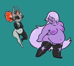 2girls amethyst_(steven_universe) anthro bedroom_eyes black_and_white_body breasts cartoon_network chubby_female clothing duo fat female female/female gem_(species) genitals hair hornedgiant humanoid imp legwear long_hair midna multiple_girls narrowed_eyes nintendo nude overweight overweight_female purple_body purple_skin pussy seductive shortstack size_difference sizing_up slightly_chubby steven_universe stockings the_legend_of_zelda thigh_highs twilight_princess video_games